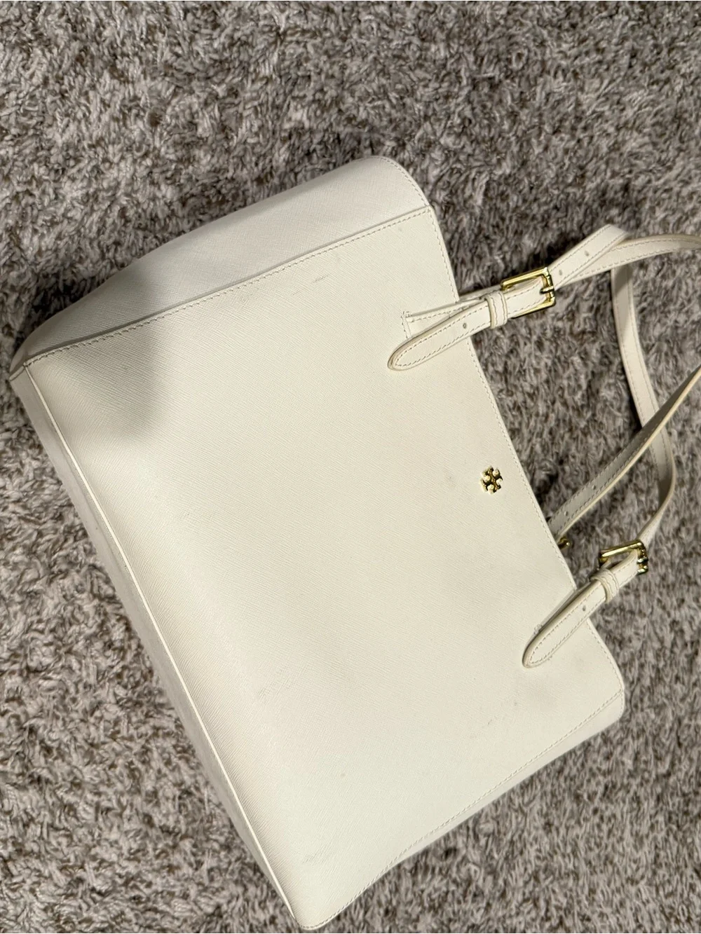 Tory Burch Cream Saffiano Shoulder Tote with Gold Hardware